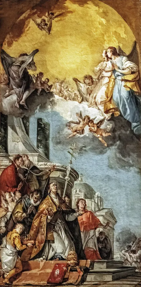Tall Venetian Baroque painting with angels and clouds opening above, and below a kneeling pope in red with his tiara at his feet, surrounded by clergy on the steps of a church