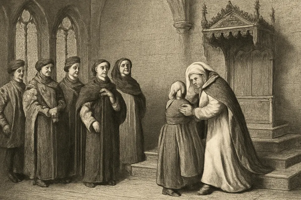 Engraving-style scene of a medieval pope stepping down from his throne to embrace an old peasant woman in a plain dress and headscarf, while courtiers look on