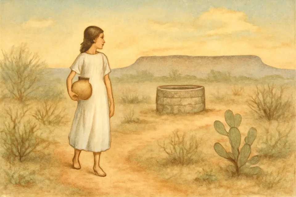 Watercolor-style scene of a young Brazilian girl walking down a dirt path with a clay water pot toward a well in the dry backcountry