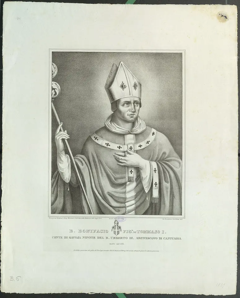 An engraved portrait of a medieval archbishop in mitre and vestments with a crozier, blessing with one hand, above a coat of arms and a caption
