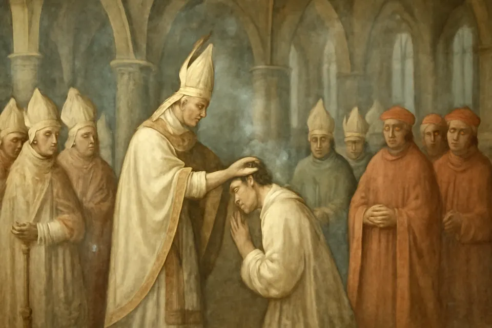 Fresco-style scene of a pope consecrating a kneeling archbishop in a crowded medieval cathedral at Lyon