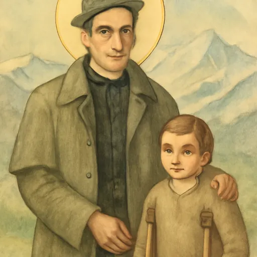 Watercolor-style portrait of Blessed Carlo Gnocchi, an Italian priest in a military chaplain's coat and Alpini hat with a black feather, with a young boy on crutches beside him