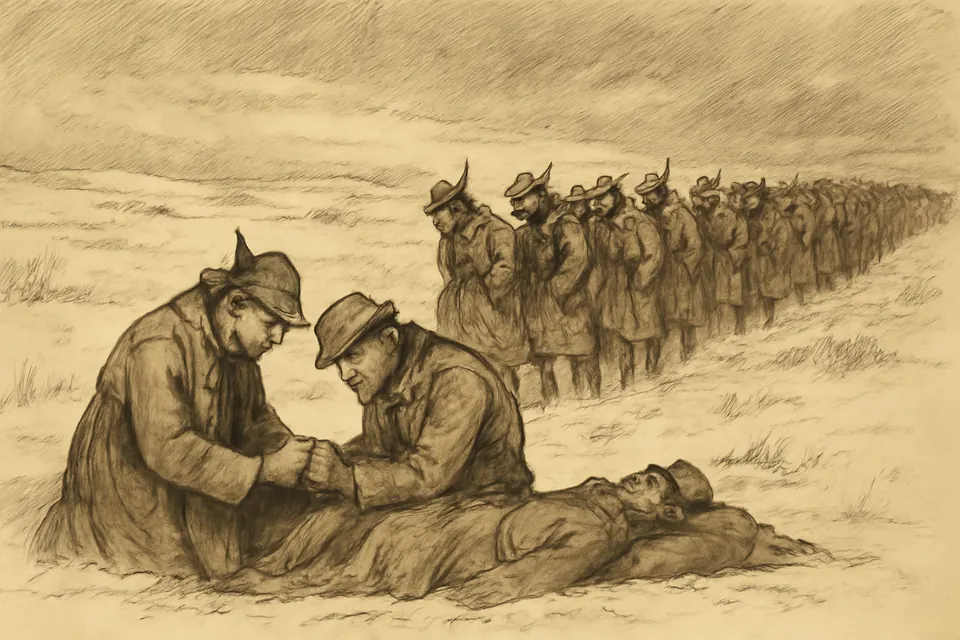 Ink-drawing-style scene of a military chaplain kneeling in the snow beside a dying soldier during a winter retreat