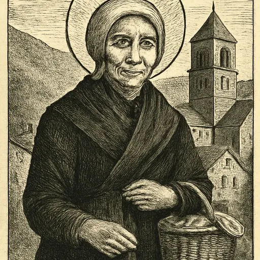 Engraving-style portrait of Blessed Catherine Jarrige, an elderly French countrywoman in a black dress and white bonnet, holding a rosary