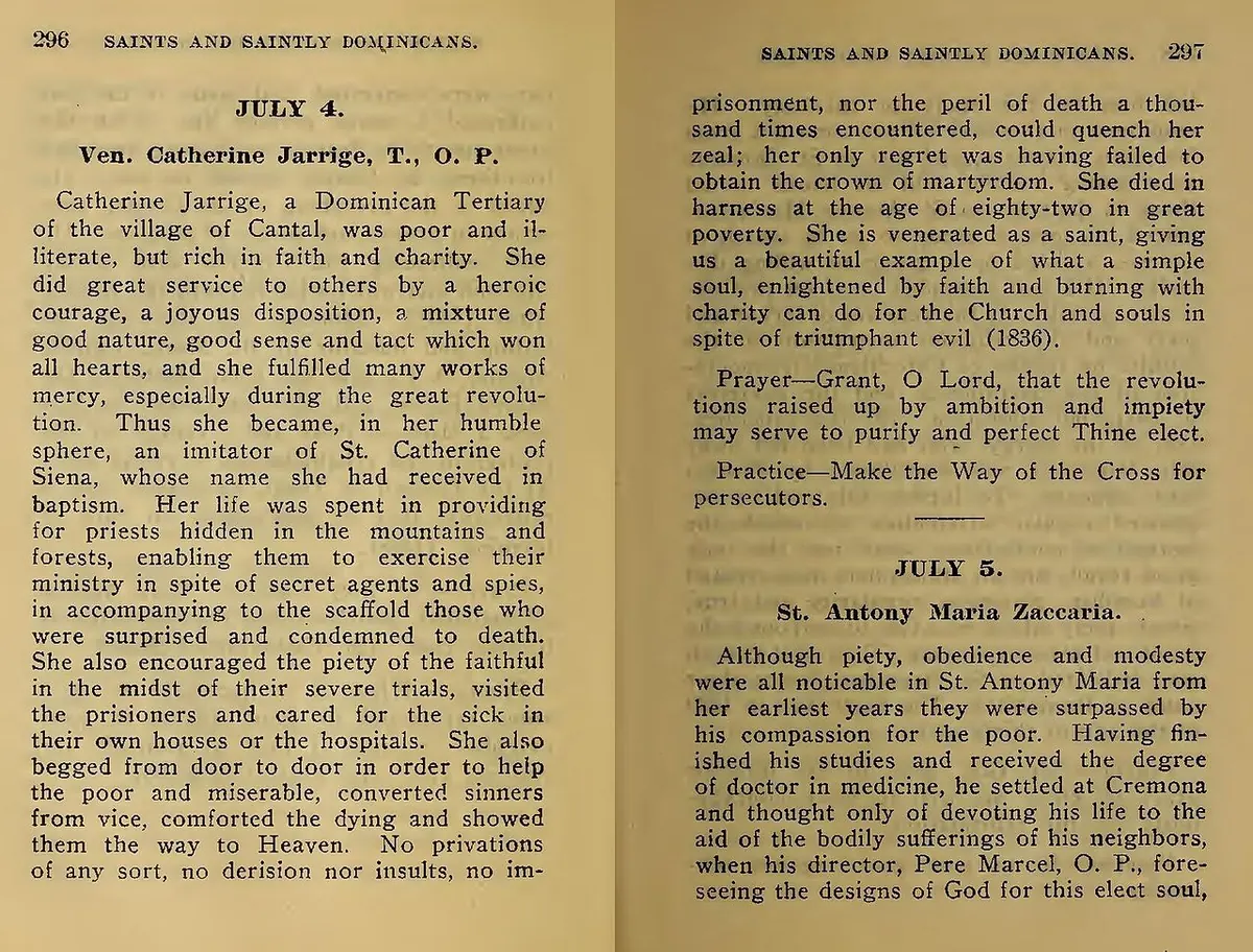 Two facing pages of an old printed book with the heading July 4 and a short life of Catherine Jarrige, ending with a prayer and a practice