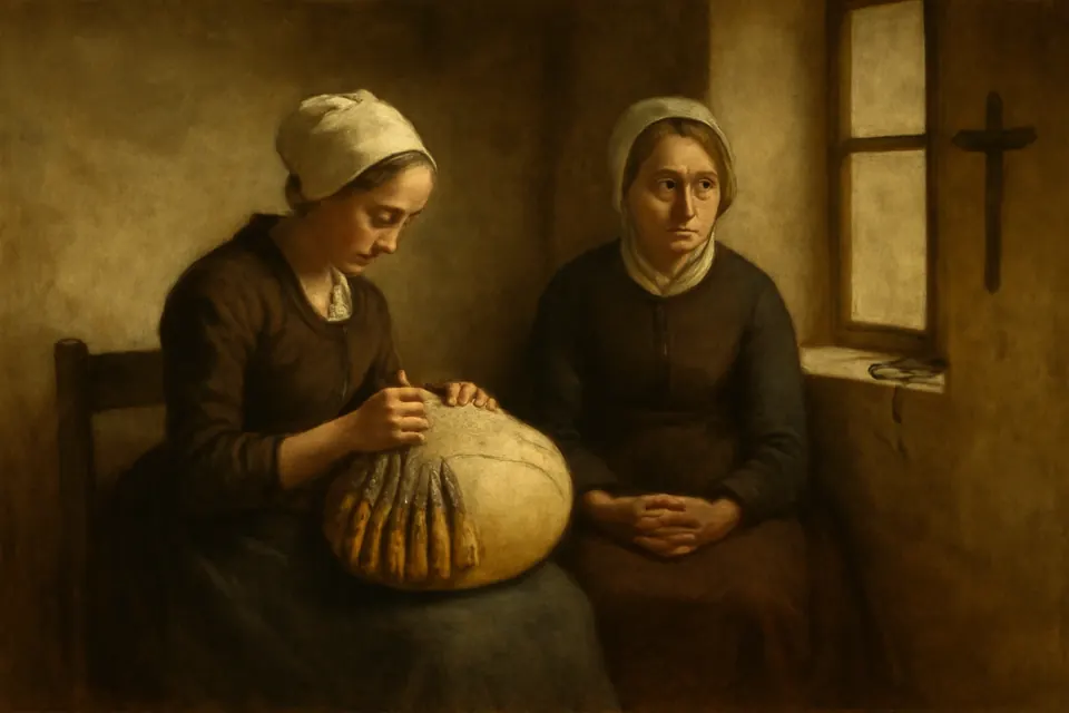 Oil-painting-style scene of a young woman making bobbin lace on a cushion at a window in Mauriac, while her sister sits beside her