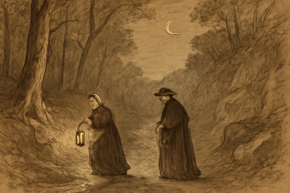 Ink-drawing-style scene of a small woman with a lantern leading a cloaked priest along a dark forest path in the hills of Auvergne at night