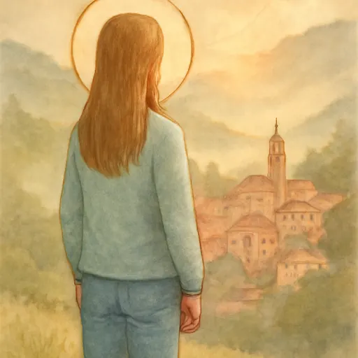 Watercolor-style picture of a teenage girl with long brown hair, seen from behind, standing on a green hillside above the village of Sassello at sunrise