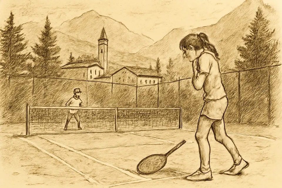 Ink-drawing-style illustration of a teenage girl on a village tennis court, clutching her shoulder as her racket falls to the ground