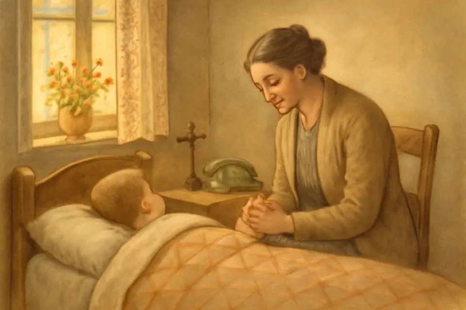 Watercolor-style illustration of a mother sitting beside her ill daughter's bed in a small bedroom in Sassello, holding her hand