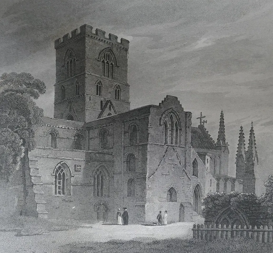 Engraving of Carlisle Cathedral with its square tower and tall Gothic windows, with small figures walking before it