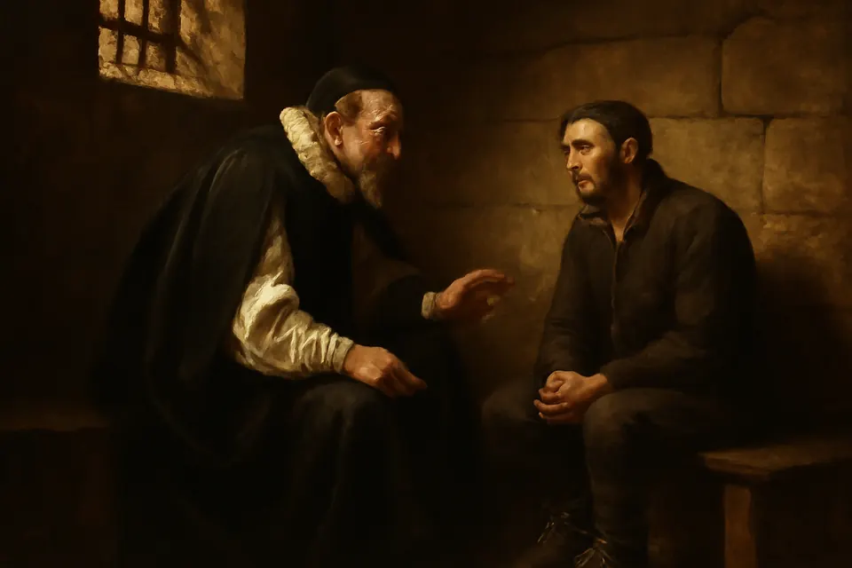 Oil-painting-style scene of an Anglican bishop in robes speaking earnestly to a chained Catholic priest in a stone prison room