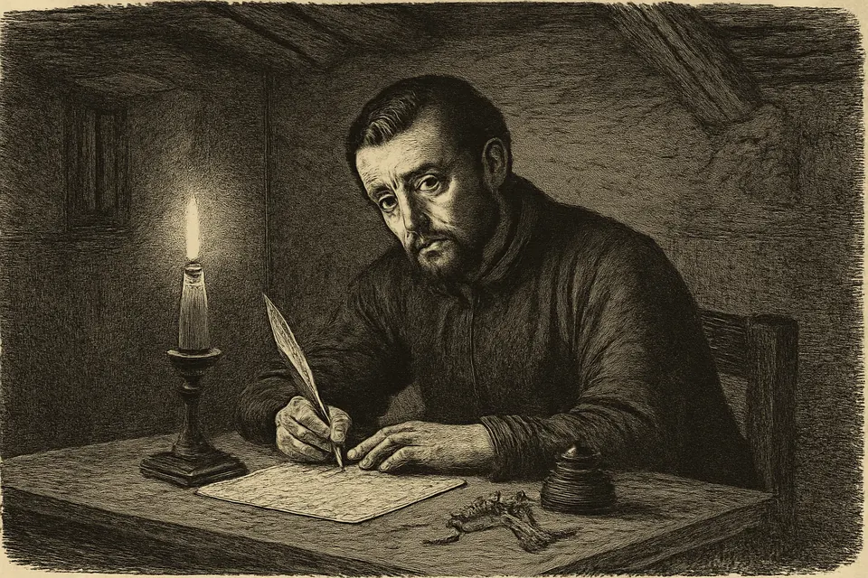 Engraving-style scene of a young priest writing by candlelight at a rough table in a cottage, his face sorrowful