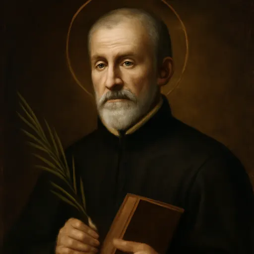 Oil-painting-style portrait of Blessed Christopher Wharton, an older English priest with a gray beard in a dark cassock, holding a book and a martyr's palm