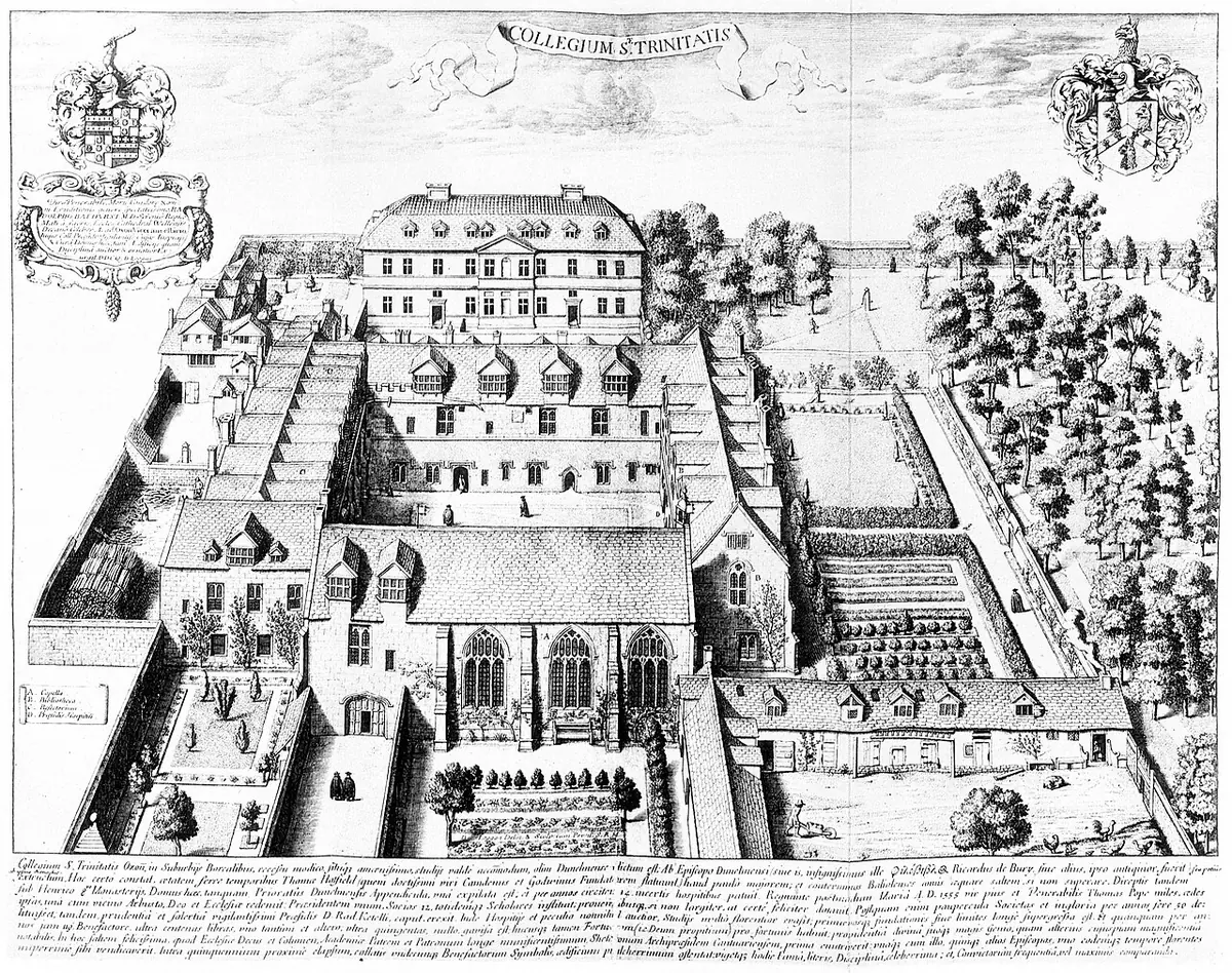 Bird's-eye engraving of Trinity College, Oxford, with its chapel, quadrangles, formal gardens and trees, under a Latin banner