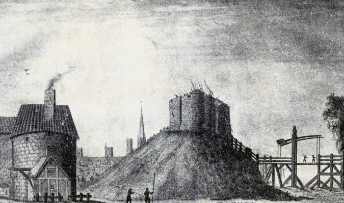 Old engraving of the round stone keep of York Castle, Clifford's Tower, on its mound, with a timber frame and a few small figures