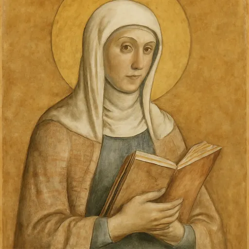 Fresco-style portrait of Blessed Clare of Rimini, a gaunt middle-aged woman in a rough pale checked mantle and white veil, holding an open book