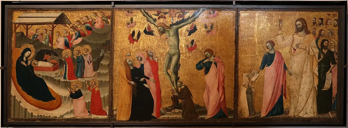 A small three-part gold-ground painting with the Nativity and Adoration of the Magi, the Crucifixion, and Christ among saints appearing to a kneeling woman