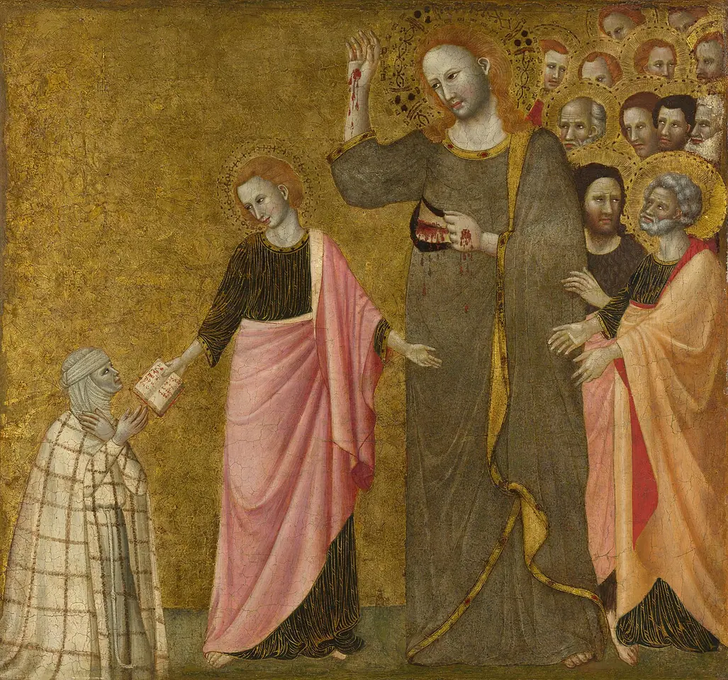 Gold-ground panel painting of Christ showing his wounds among the apostles, with a young apostle in pink reaching toward a small kneeling woman in a pale checked cloak holding a book
