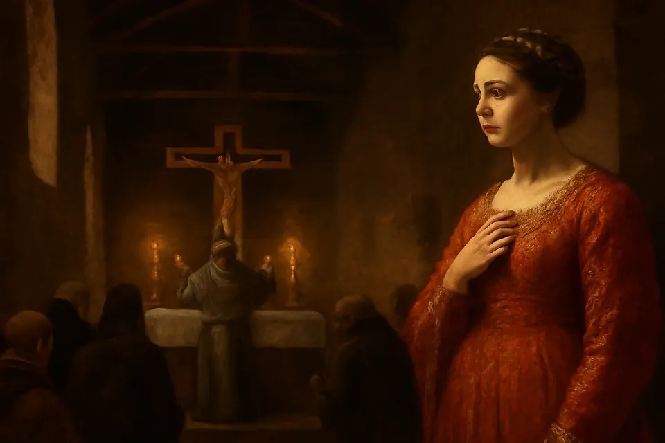 Oil-painting-style scene of a richly dressed young noblewoman standing still in a dim Franciscan church, struck by an inner call