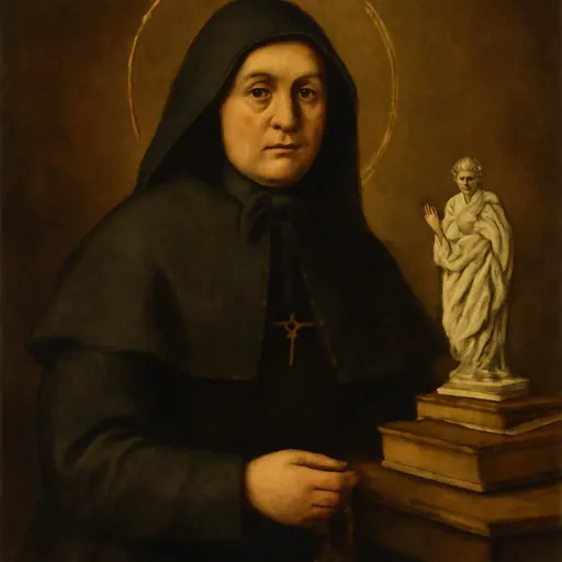 Oil-painting-style portrait of Blessed Clelia Merloni as a middle-aged Italian religious sister in a black habit and bonnet, with a crucifix on her breast and a statue of the Sacred Heart beside her