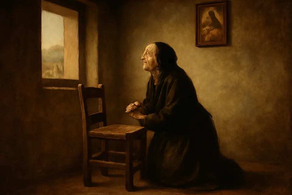 Painting-style scene of an older Italian woman alone at prayer in a small bare room, looking toward a picture of the Sacred Heart