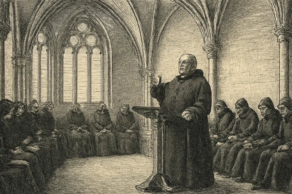 Engraving-style scene of an abbot speaking to rows of seated Benedictine monks in a vaulted chapter room