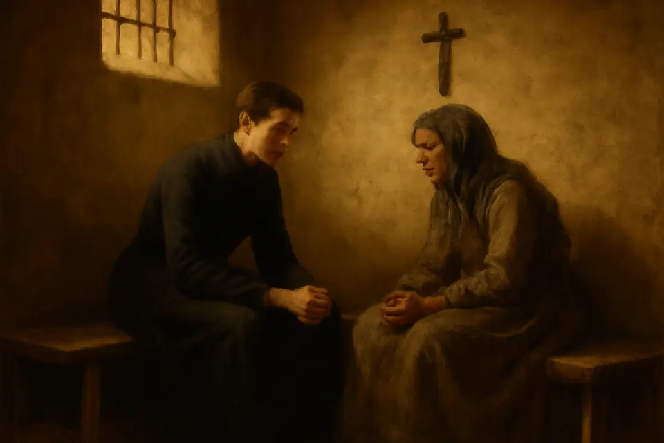 Painting-style scene of a young Irish priest in a black cassock speaking quietly with a woman prisoner in a plain cell, a small crucifix on the wall