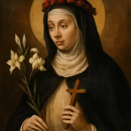 Oil-painting-style portrait of Blessed Columba of Rieti, a young Dominican tertiary in a white habit and black mantle holding a lily, with a white dove near her shoulder