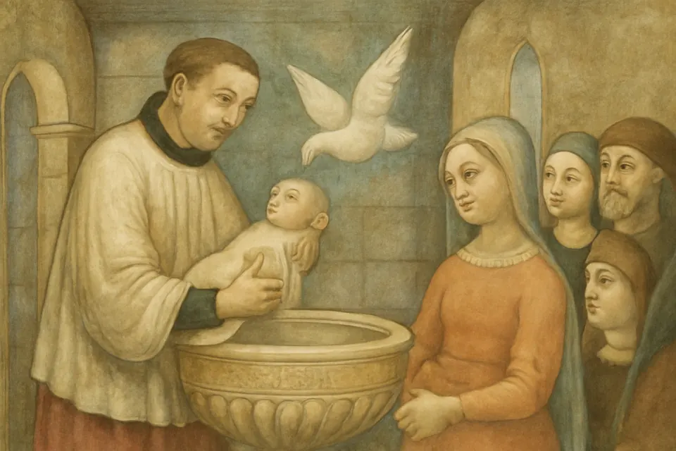 Fresco-style scene of a white dove flying down over a newborn baby at a stone baptismal font in a Renaissance church
