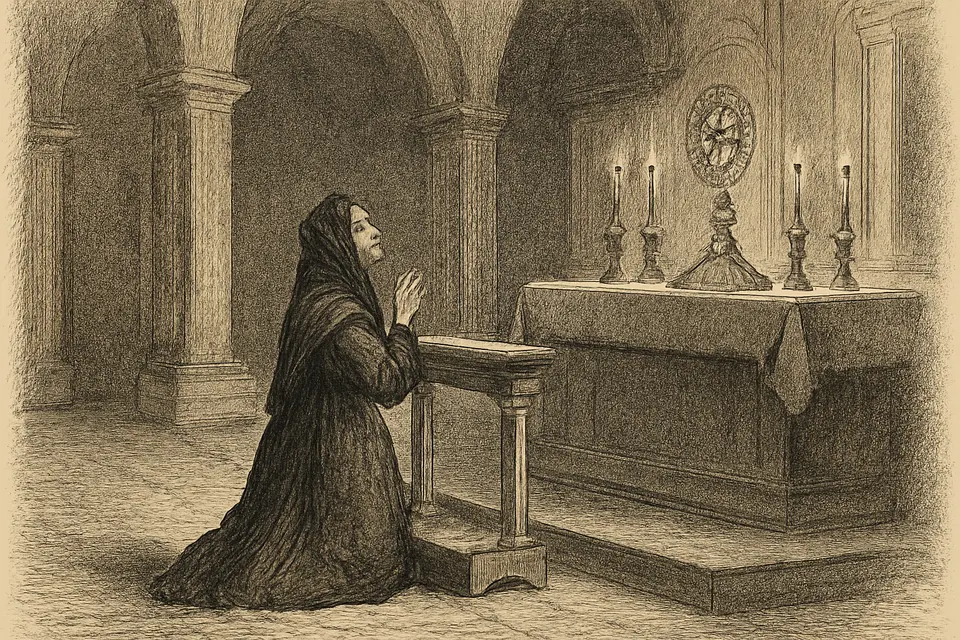Engraving-style scene of a woman in a dark shawl kneeling alone before a monstrance on an altar in a quiet church