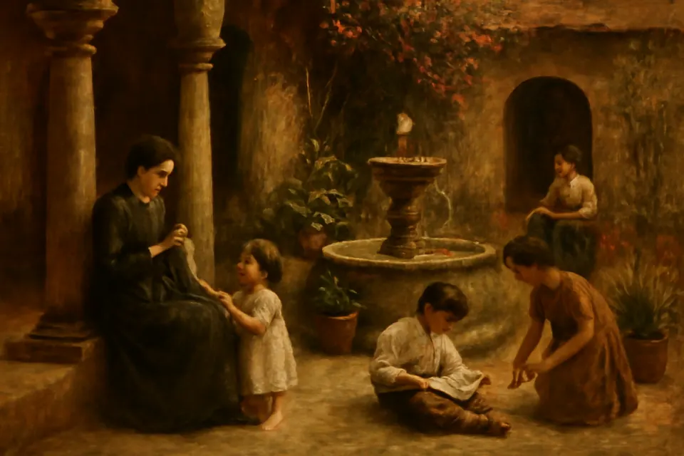 Painting-style scene of a Mexican mother sewing in a sunny courtyard while several children play and read around her