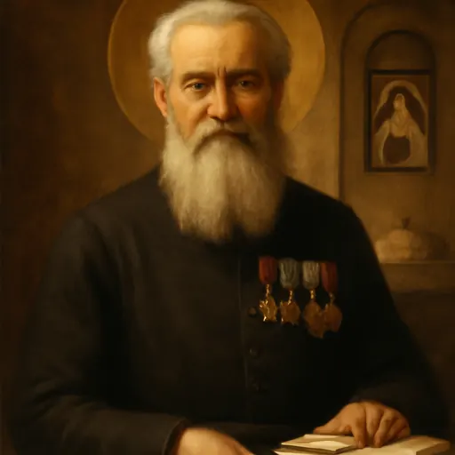 Oil-painting-style portrait of Blessed Daniel Brottier, an older French priest with a long white beard in a black cassock with war medals on his chest