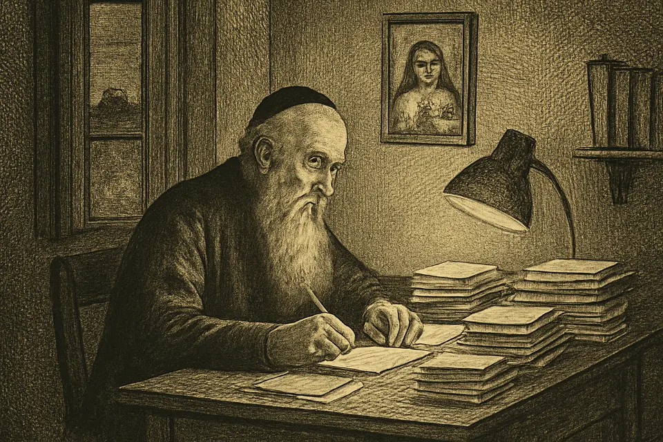 Engraving-style scene of a white-bearded priest writing letters late at night at a desk covered with envelopes