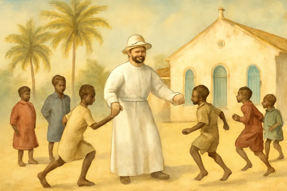 Watercolor-style scene of a bearded young French priest in a white cassock playing with African boys outside a mission church in Senegal