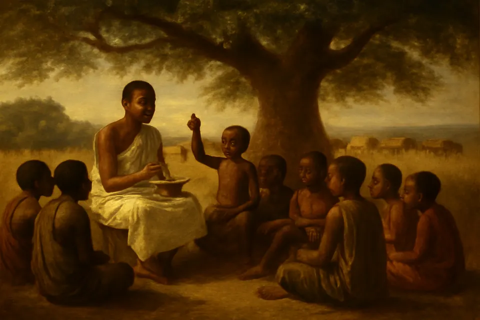 Oil-painting-style scene of two young catechists teaching a circle of children under a large tree in northern Uganda