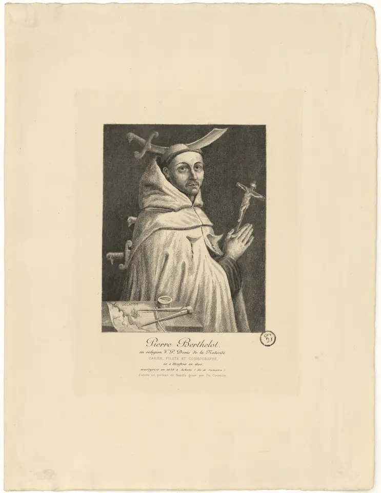 An engraved portrait of Pierre Berthelot as a bearded Carmelite friar in a white mantle, holding up a crucifix, a blade above his head for his martyrdom and a chart and dividers on the table before him