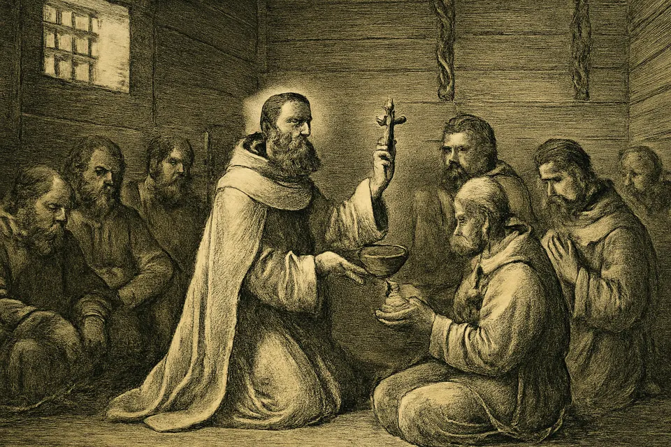 Engraving-style scene of a Carmelite friar comforting fellow prisoners in a dim prison room