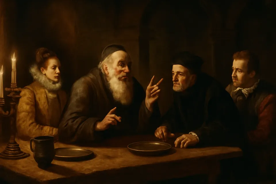 Oil-painting-style scene of a disguised archbishop in plain clothes rising to speak at a castle dinner table while a judge watches him with suspicion