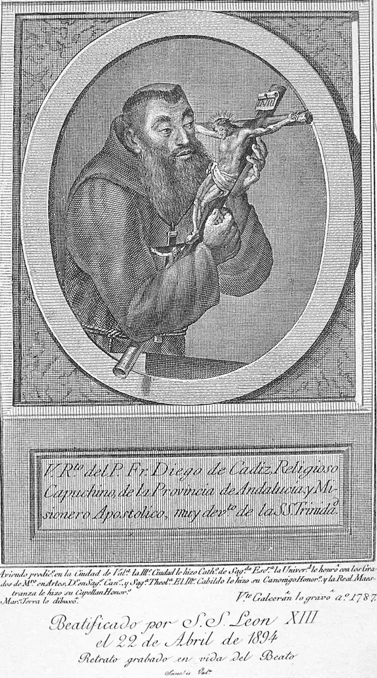 Engraved oval portrait of a bearded Capuchin friar in a hooded habit gazing at a crucifix he holds, with a Spanish inscription below