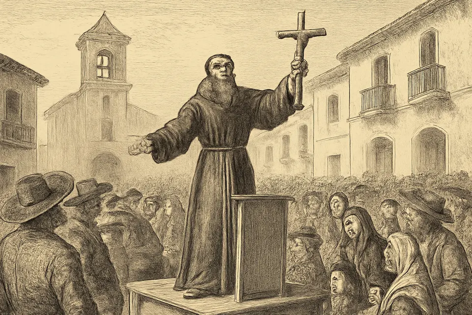 Engraving-style scene of a bearded Capuchin friar preaching from a wooden platform in a crowded Andalusian town square