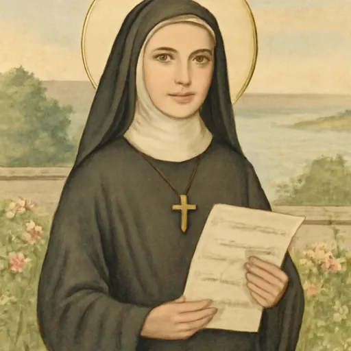 Watercolor-style portrait of Blessed Dina Bélanger as a young sister of Jesus and Mary in a black habit with a white headband and a silver cross