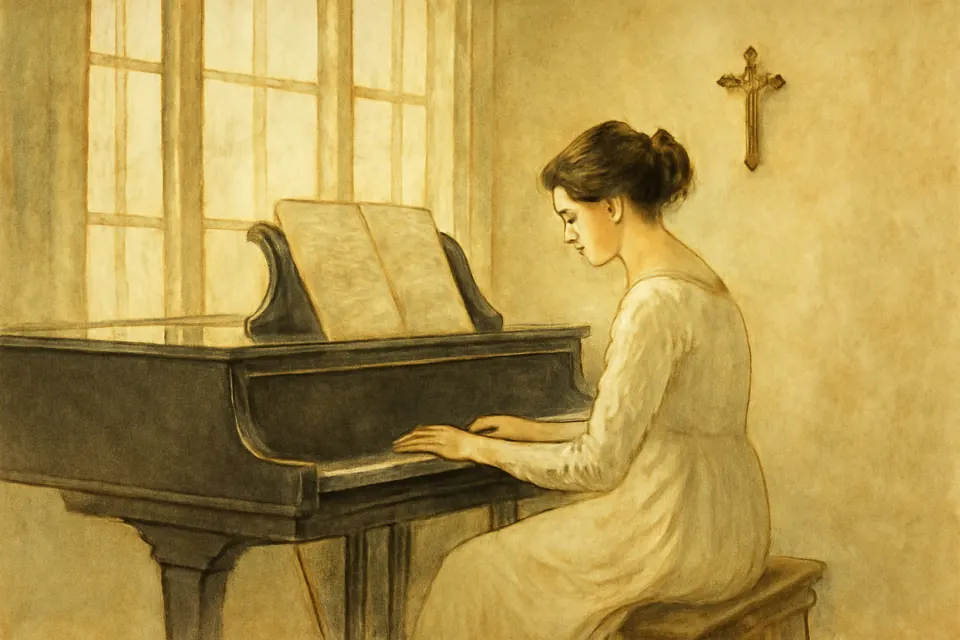 Watercolor-style scene of a young woman in a 1917 dress playing a grand piano in a quiet music room