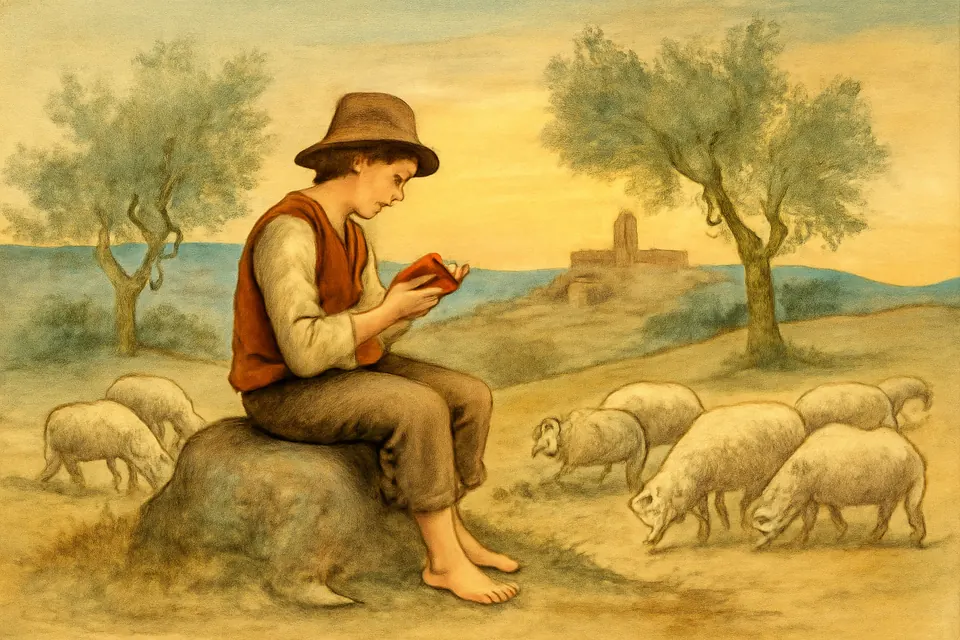 Watercolor-style scene of an Italian farm boy tending sheep on a hillside, reading a small book
