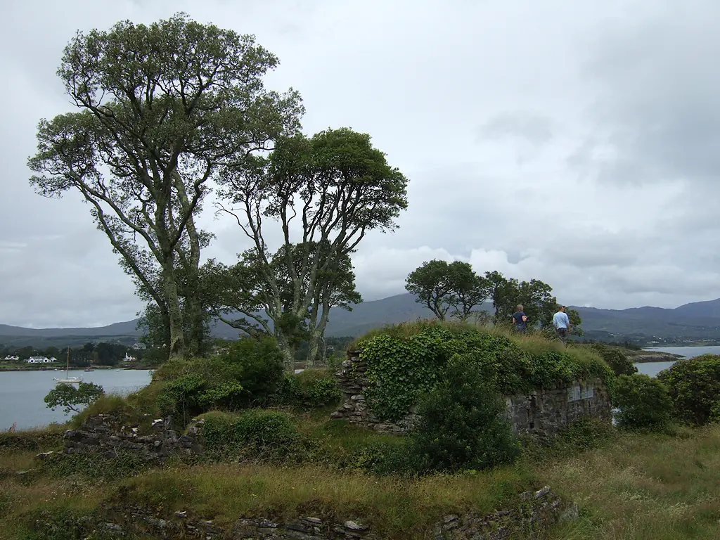 Low, overgrown stone ruins of a castle on a grassy headland with trees, the water of Bantry Bay and hills behind