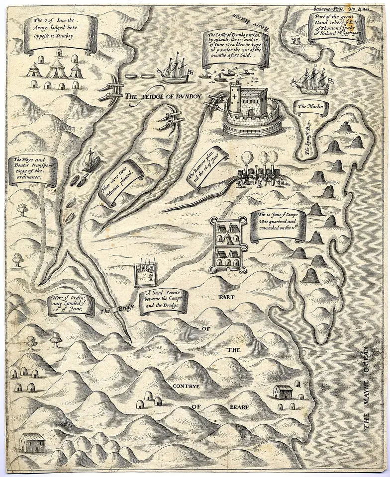 Engraved bird's-eye map of the siege of Dunboy, with ships in the bay, army camps, cannon and the castle on its headland, labeled in old English lettering
