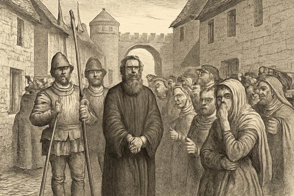 Engraving-style scene of a bearded man in a black gown led between soldiers through a crowded street of an Irish walled town