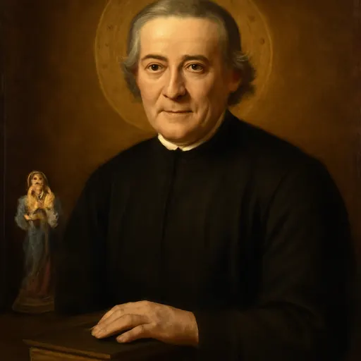 Oil-painting-style portrait of Blessed Edmund Ignatius Rice as a gray-haired Irish religious brother in a black habit with a white collar, his hand resting on a Bible