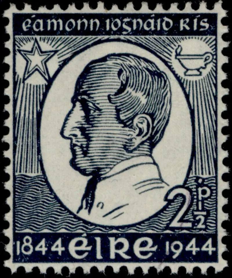 Dark blue Irish postage stamp with a profile portrait of Edmund Rice, a star, an oil lamp and the dates 1844 and 1944
