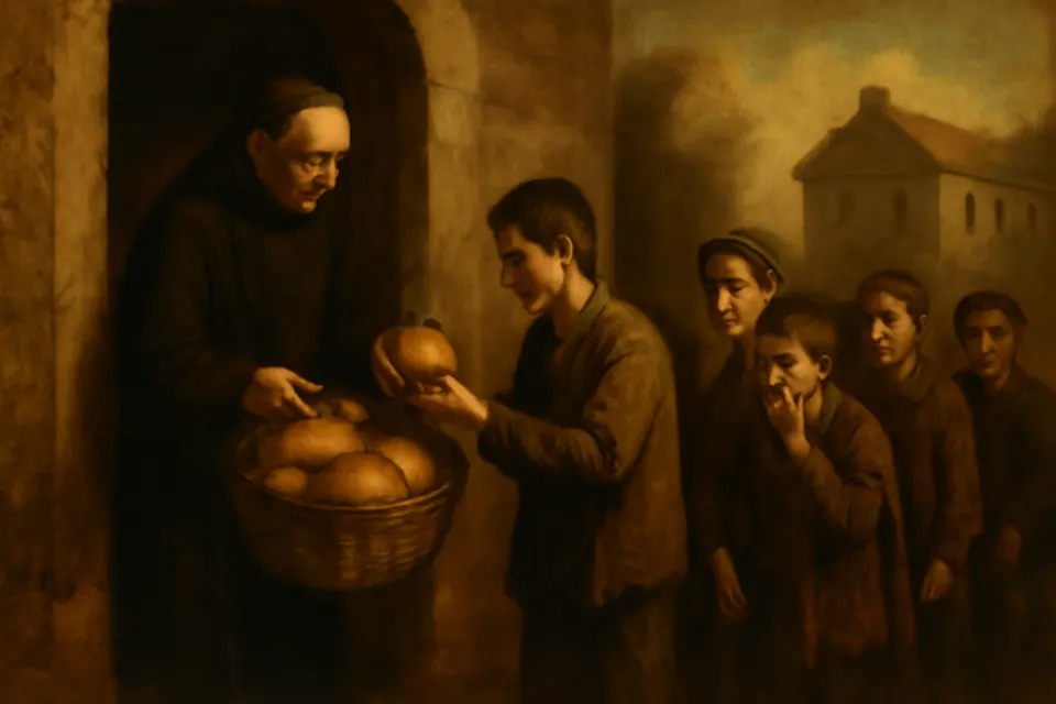 Oil-painting-style scene of a religious brother in a black habit handing out fresh loaves of bread to a line of poor schoolboys at a bakehouse door in the morning